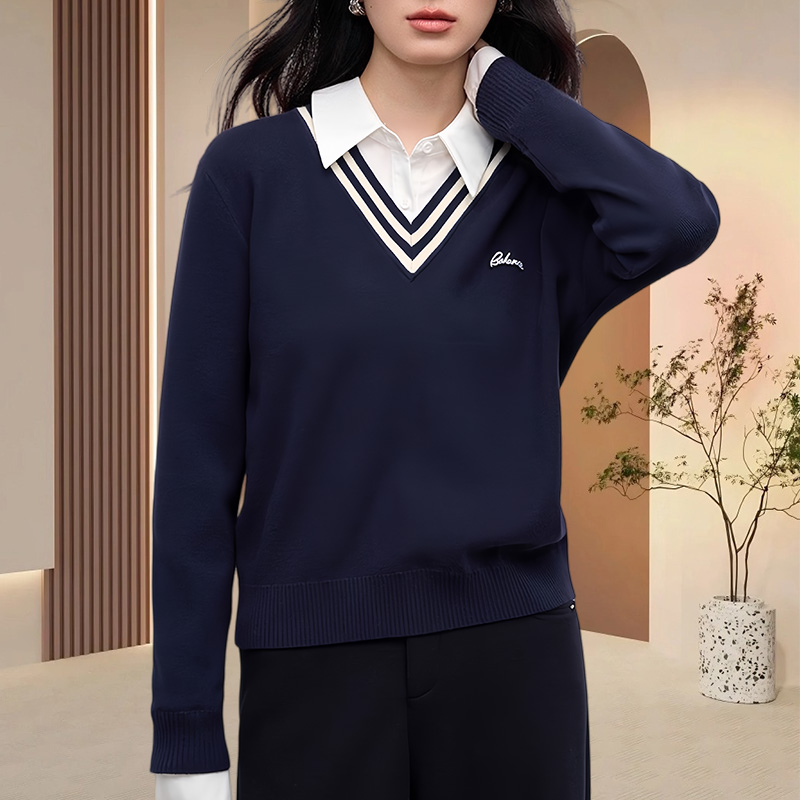 时尚洋气假两件衬衫拼接字母刺绣长袖减龄休闲风高级感毛衣春秋款