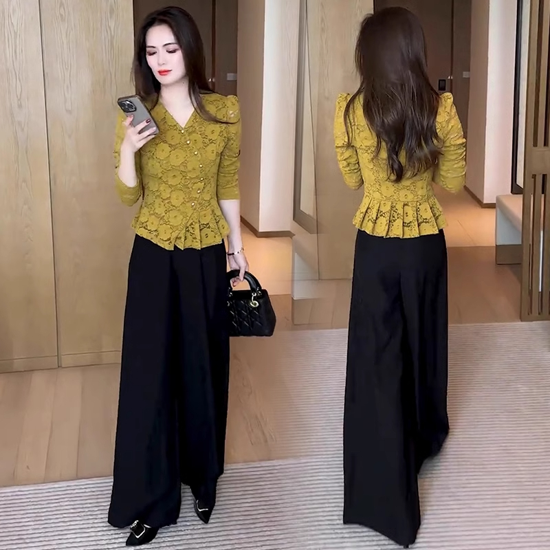 设计感V领蕾丝衫套装女2025春秋季新款时尚洋气百搭修身显瘦上衣