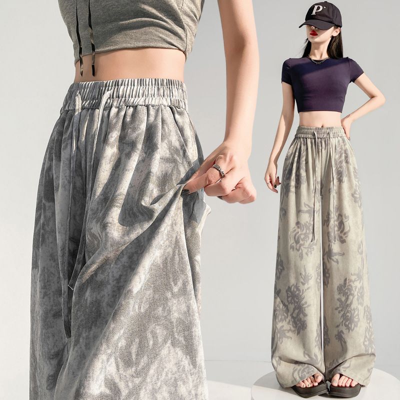 大码200斤慵懒印花阔腿裤女夏季新款宽松遮肉显瘦百搭休闲直筒裤