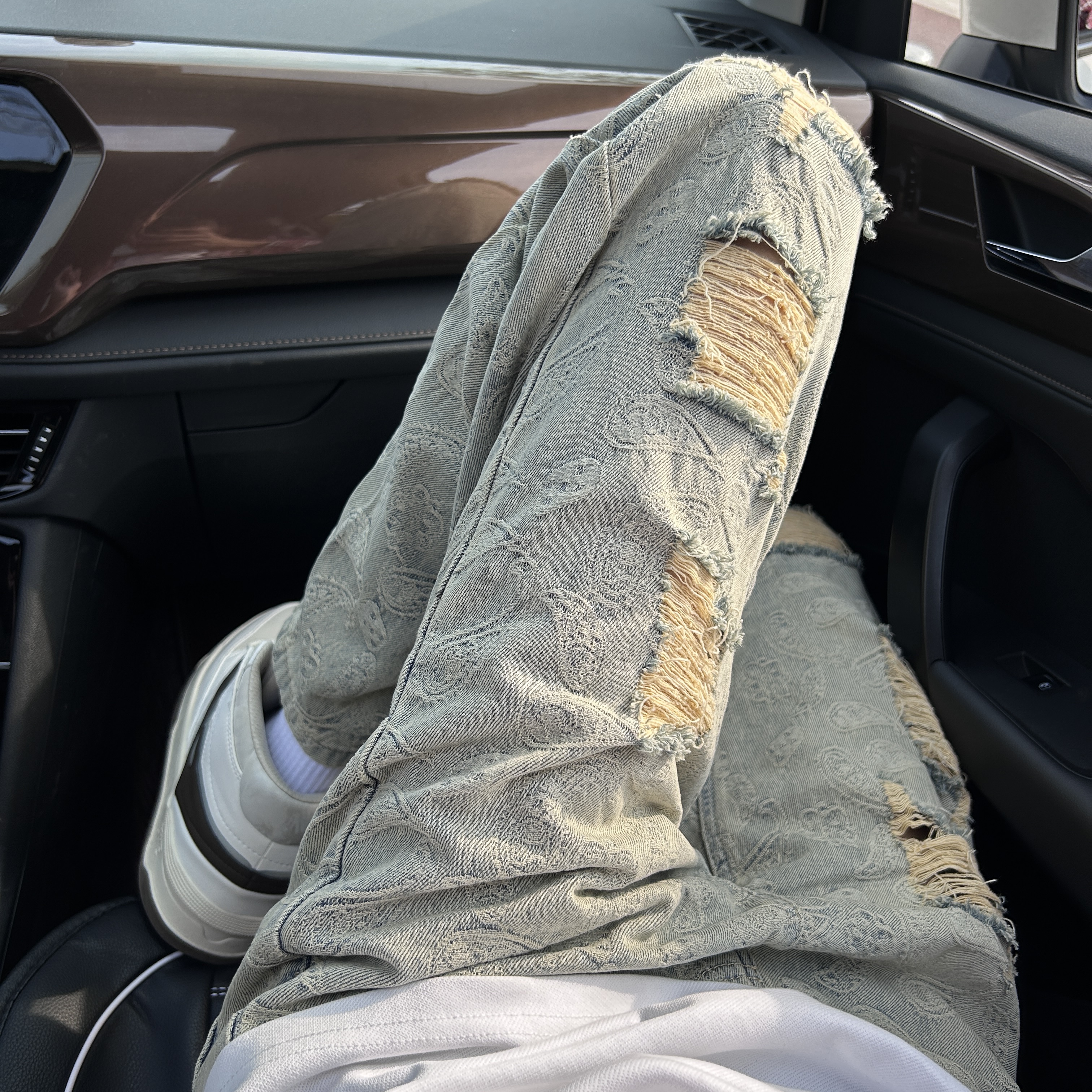 美式高街潮牌提花痞帅牛仔裤男士宽松直筒潮流个性百搭腰果花裤子