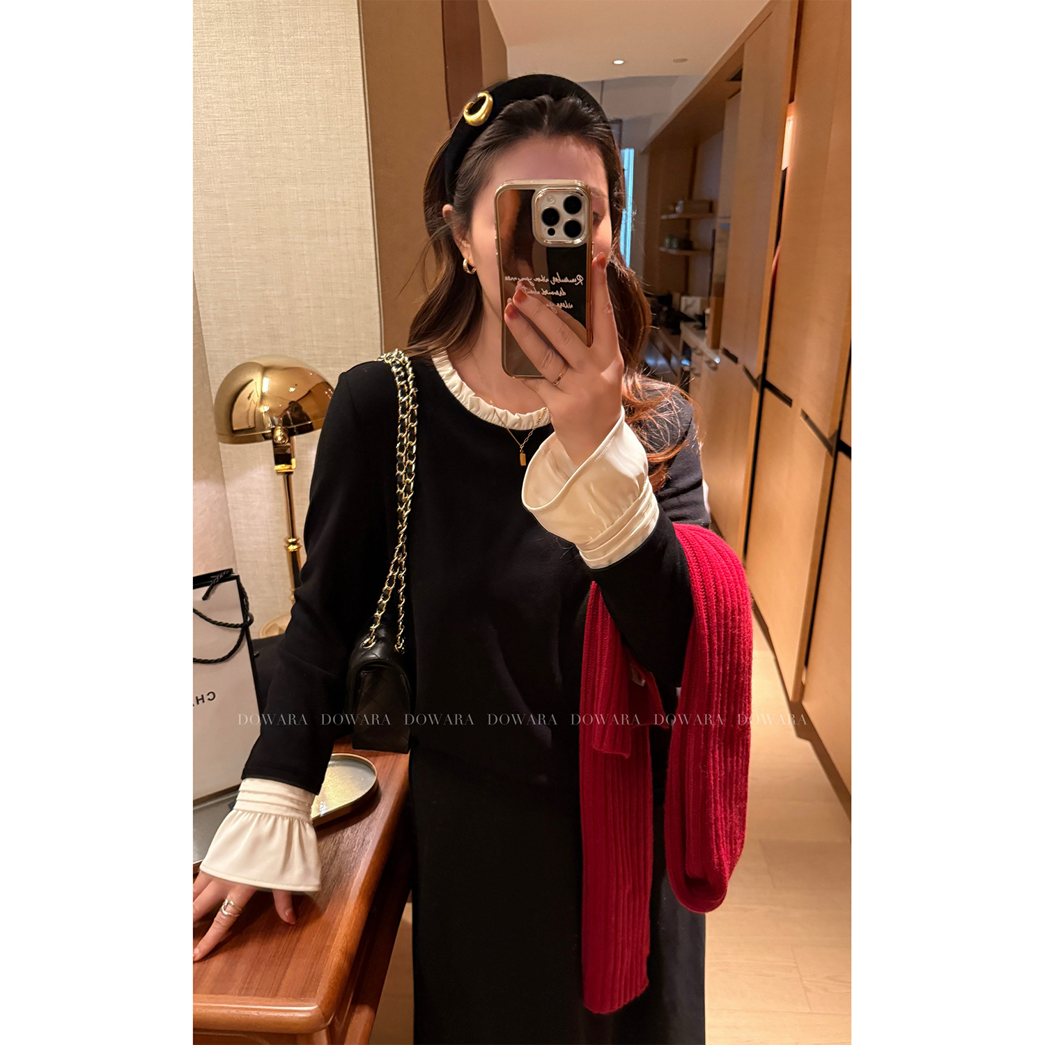 大婉酱微胖定制【暗藏典雅】法式假两件木耳边拼接喇叭袖上衣 1048D