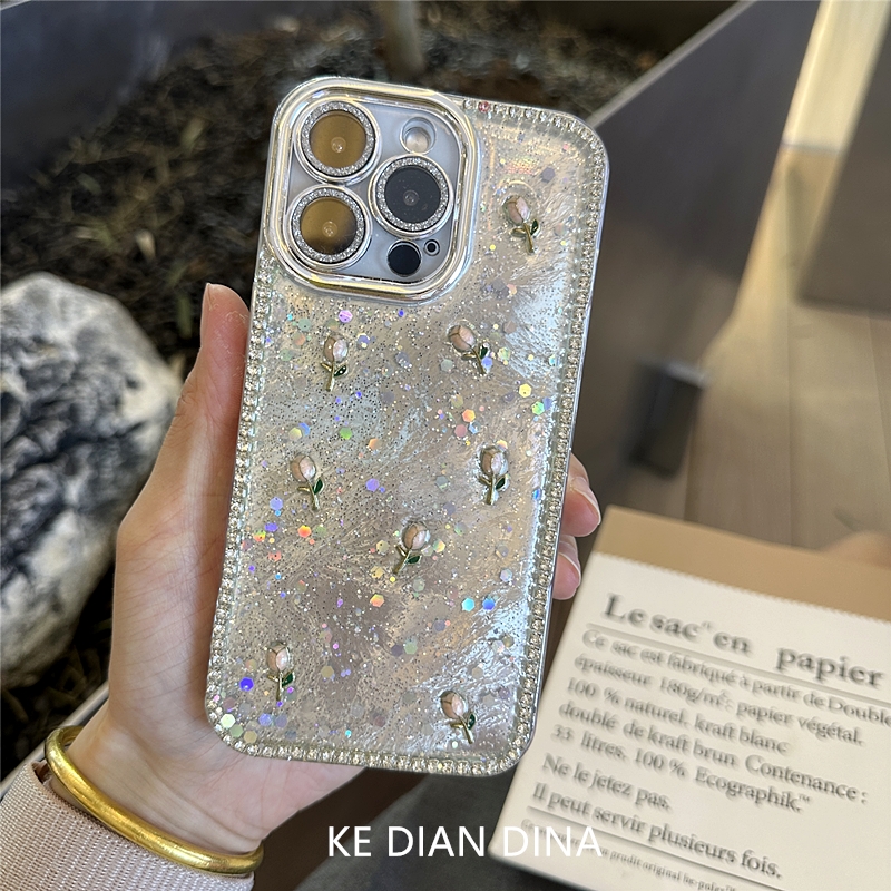 钻边郁金香花朵手机壳适用苹果16Promax镜头膜华为oppo小米vivo女