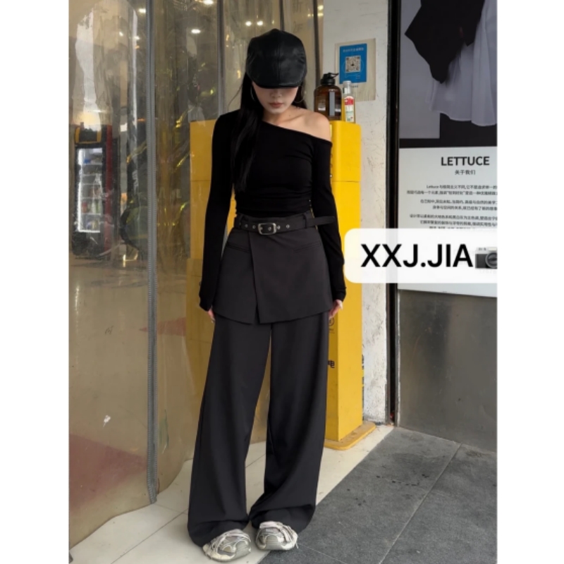 2026夏季新款假两件屁帘西装裤裙女高级设计感显瘦宽松直筒阔腿裤