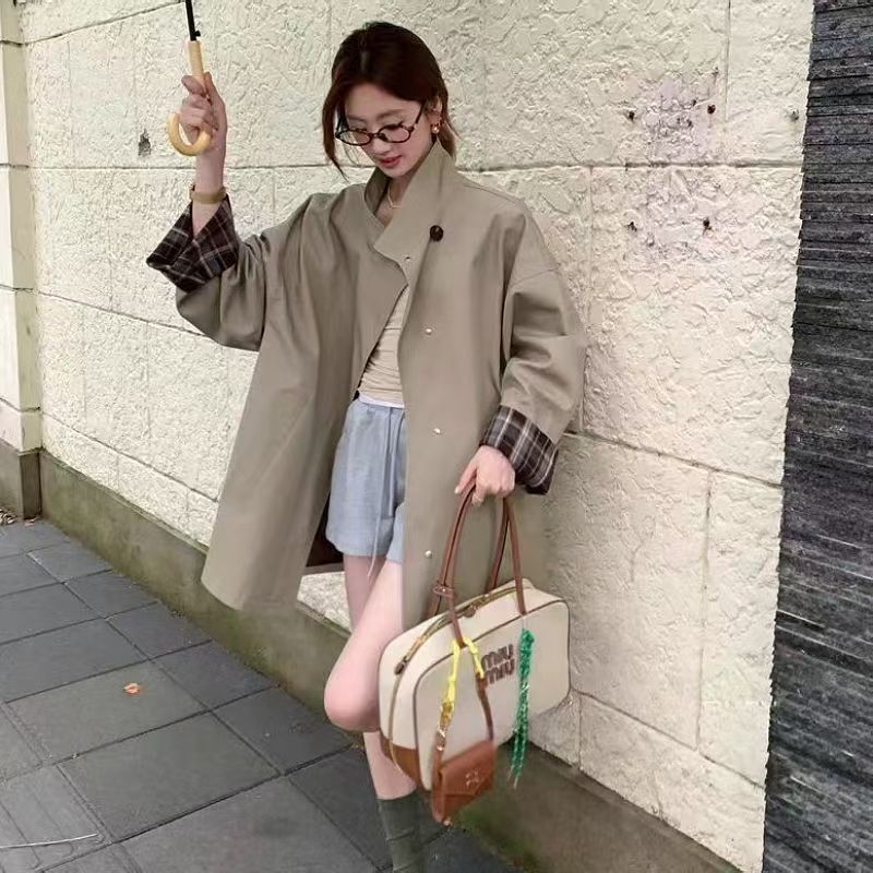 撞色中长款风衣外套女2025年春秋新款韩系小个子英伦风高级感大衣