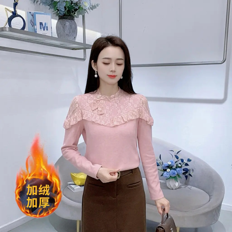 A9002法式别致蝴蝶结蕾丝拼接圆领长袖冬季新款洋气减龄上衣