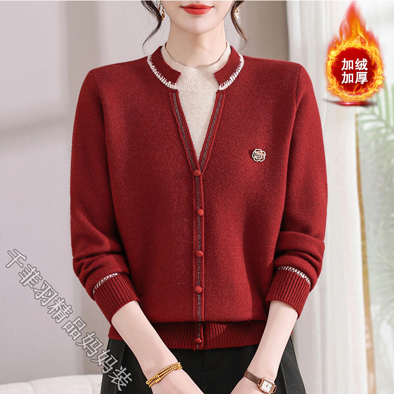 中老年女冬季加绒加厚打底衫保暖内搭毛衣妈妈装时尚假两件上衣服