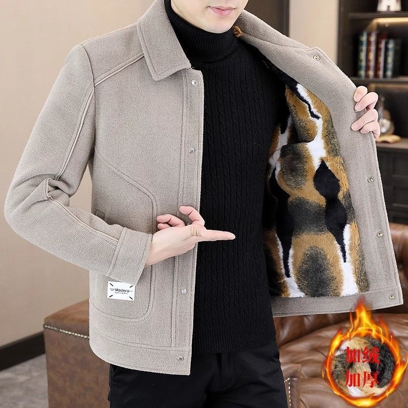 冬季加绒加厚中国风夹克男修身翻领毛呢大衣男装高端潮流休闲外套