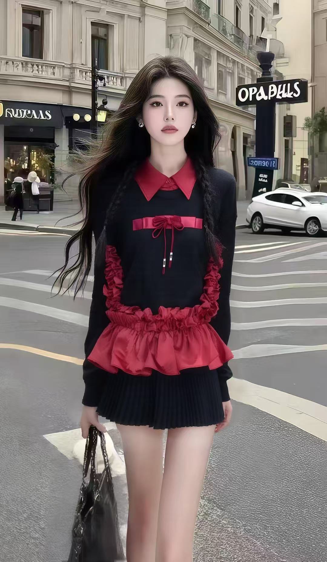秋季新款千金风撞色拼接翻领设计感上衣+黑色百褶半身裙女两件套