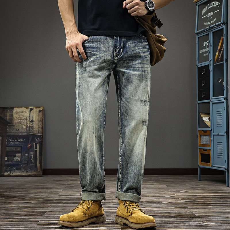 美式经典赤耳丹宁复古牛仔裤男春秋新款重磅水洗刮烂宽松直筒长裤