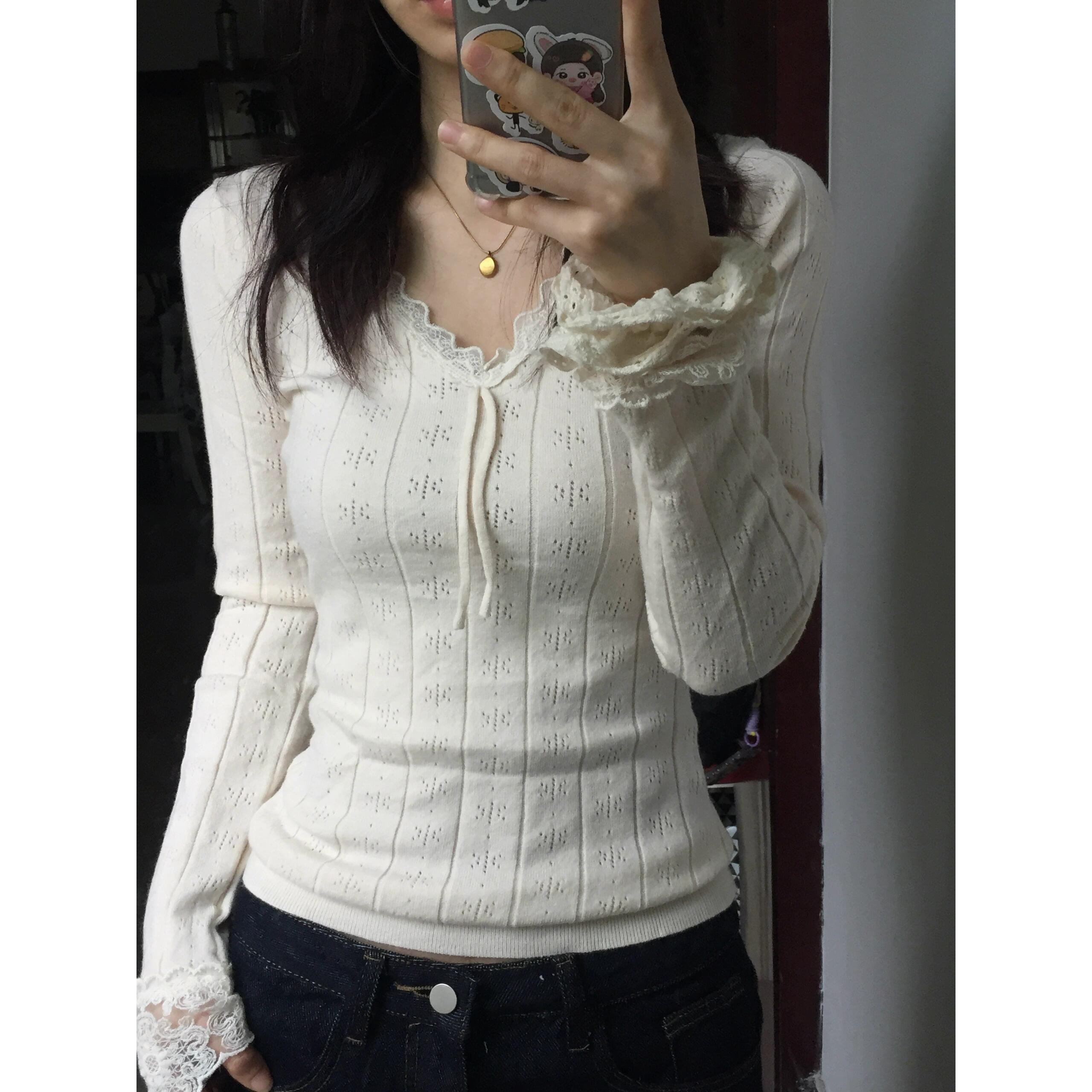 韩系氛围感蕾丝边v领长袖t恤女秋季纯欲风修身慵懒chic打底衫上衣