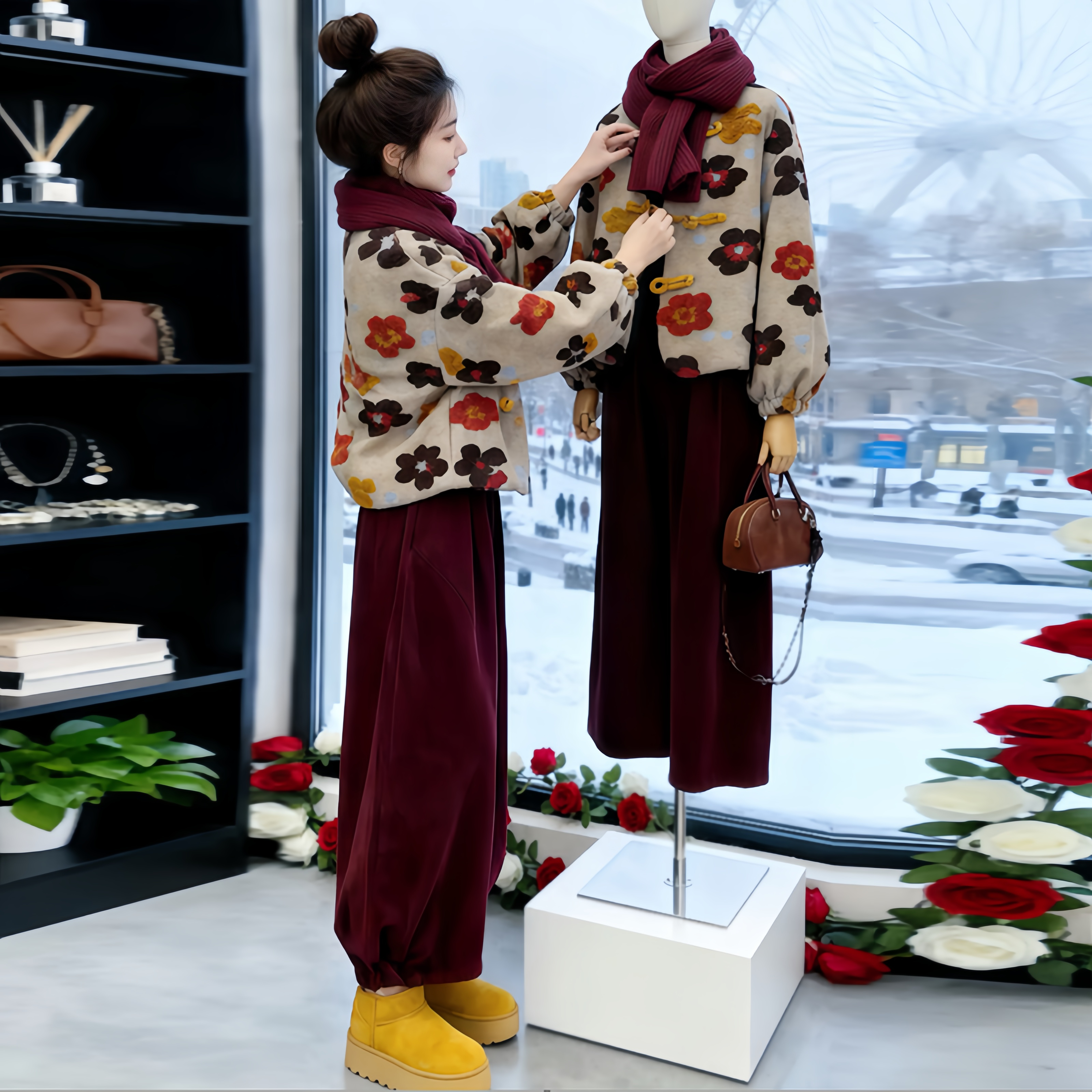 2025秋季新款百搭宽松小花外套阔腿直筒长裤时尚套装女