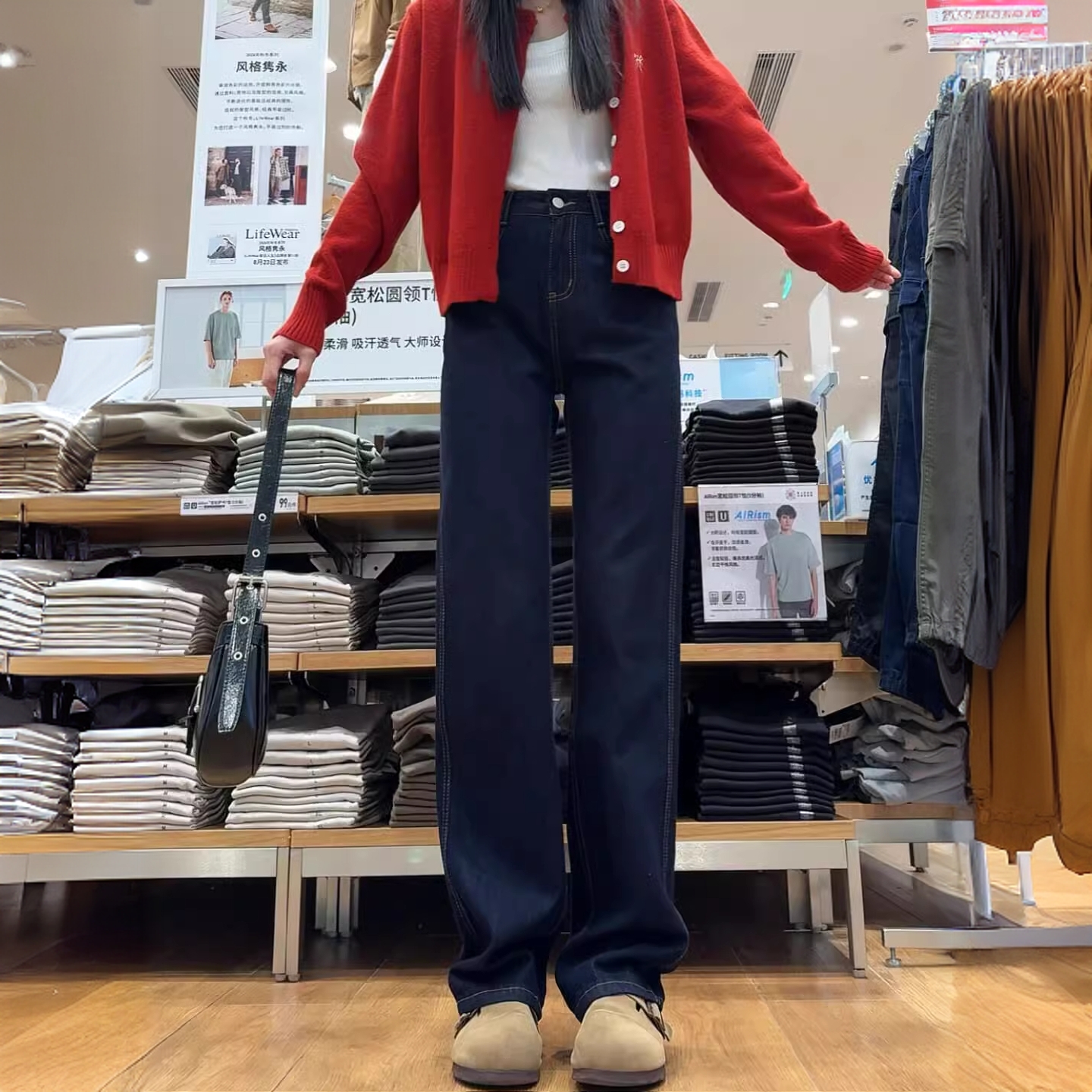 雪千羽丹宁深蓝窄版阔腿牛仔裤女2025春秋新款九分直筒宽松拖地裤