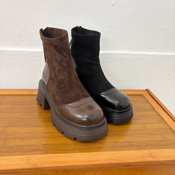 5018拼接厚底短靴常规款女鞋女靴圆头防滑秋冬后拉链马丁靴英伦风