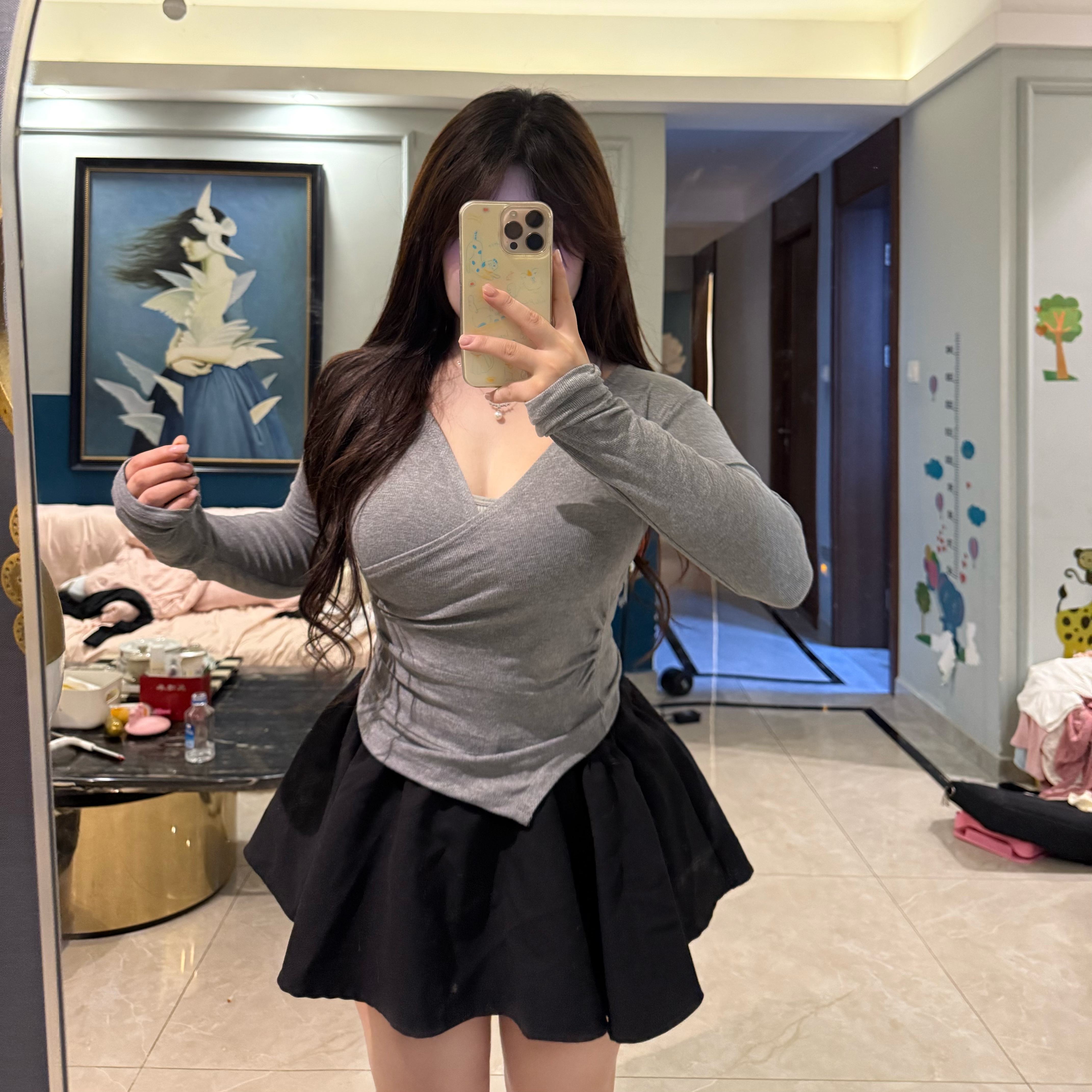 性感交叉飞飞袖长袖秋夏季设计感清纯内搭修身上衣显瘦v领纯欲