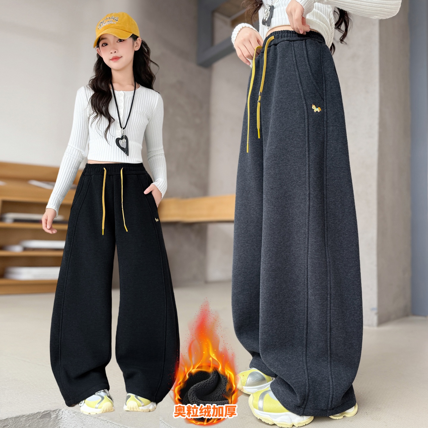 女童加绒卫裤秋冬洋气一体绒弯刀裤6-12岁儿童加厚冬季阔腿裤大童