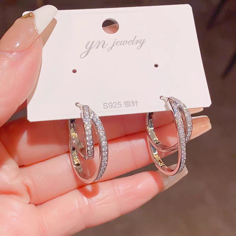 铜合金锆石耳饰 精致微镶双层线条耳扣设计感耳环冷淡风高级耳扣