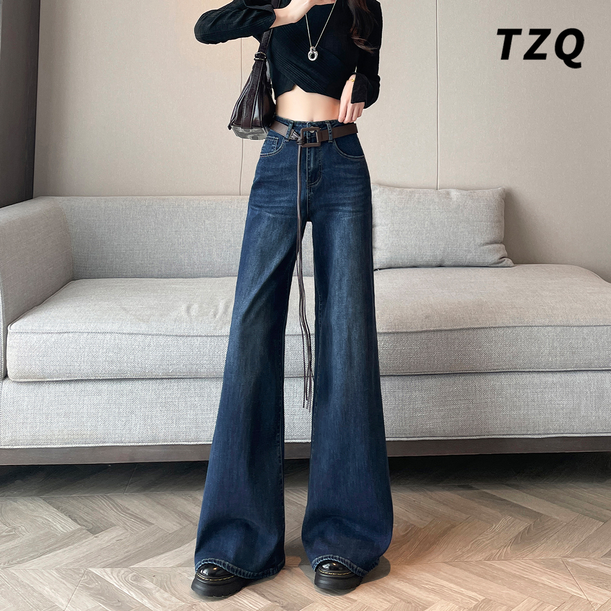 复古蓝设计感阔腿牛仔裤女秋季宽松时尚高腰随性直筒裤TZQ2582611