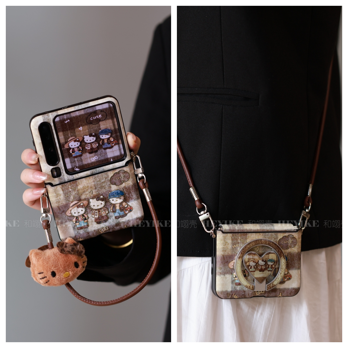 复古英伦KT猫适用华为purax手机壳典藏版小米mixflip2斜挎pocket2