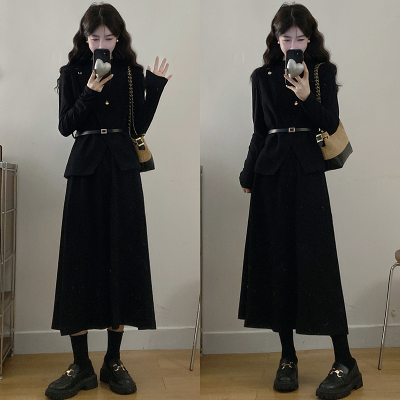 大码胖mm女装新款秋冬气质显瘦长袖T气质马甲半身裙三件套装女