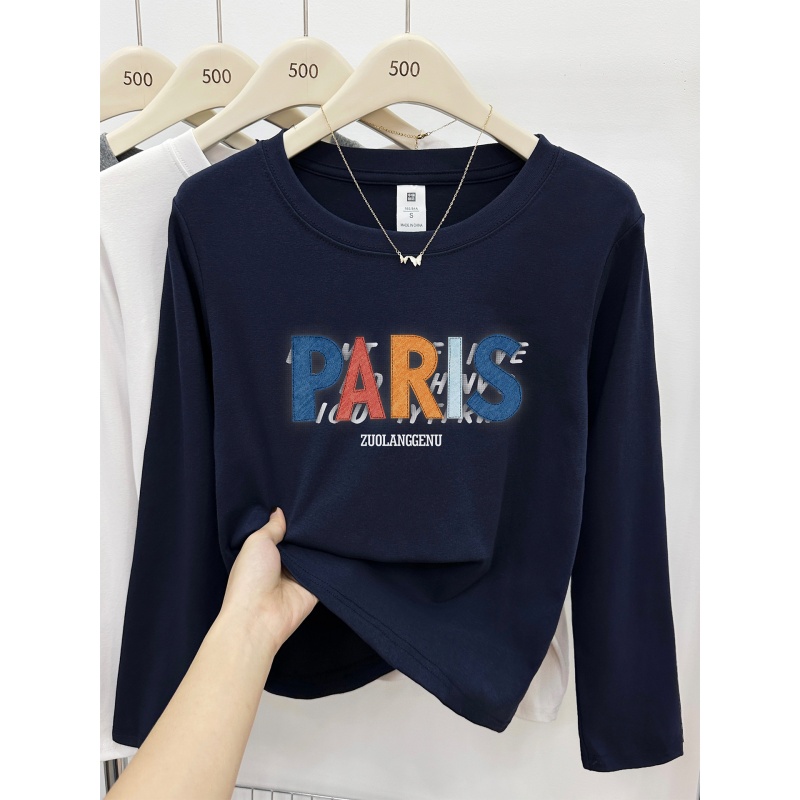 大码正肩长袖t恤女秋冬季新款潮韩版字母印花休闲圆领打底衫上衣