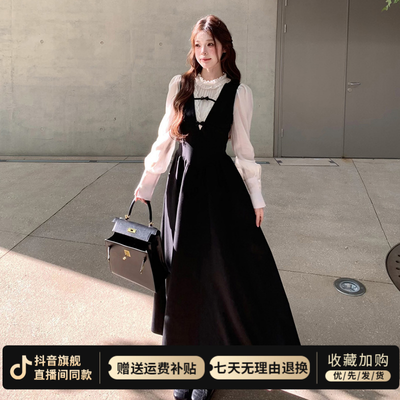法式赫本风千金感黑色连衣裙子女2025秋季新款高级感气质长裙套装