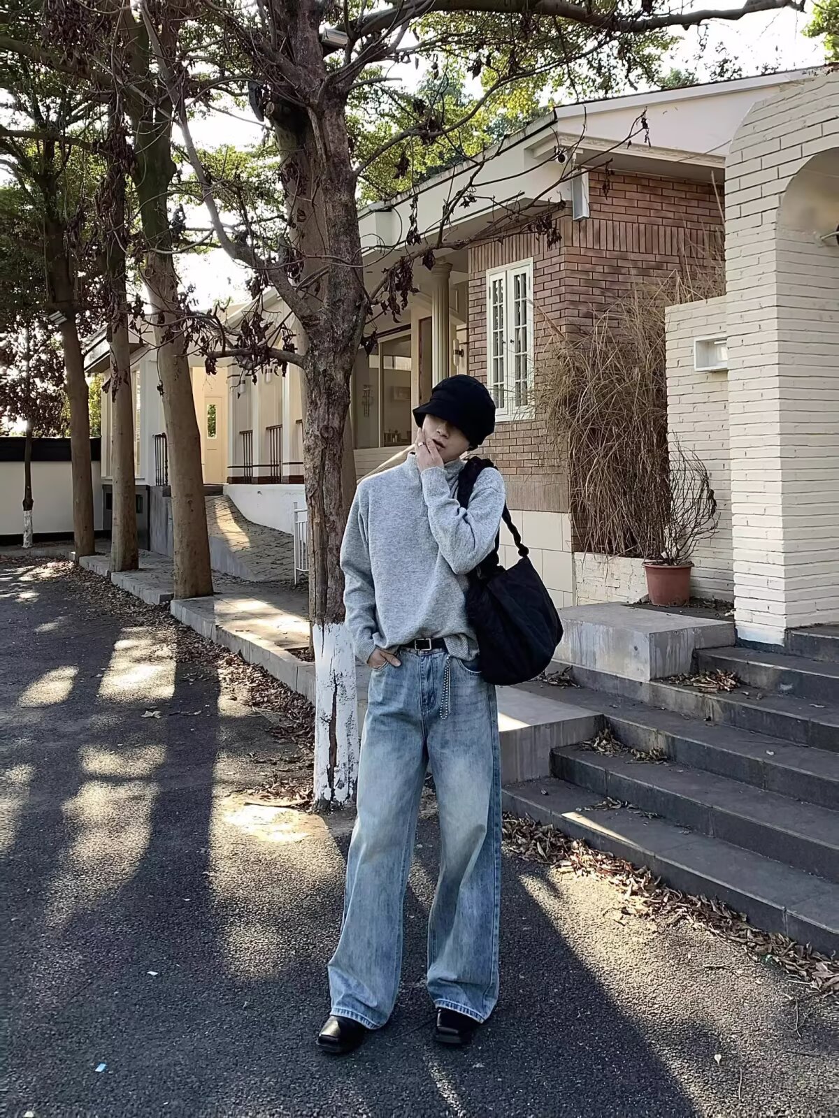 美式复古cleanfit水洗做旧蓝牛仔裤男高街宽松直筒微喇休闲长裤子