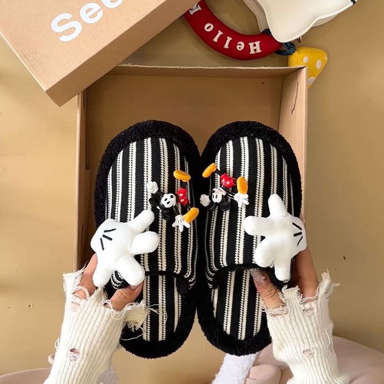 时尚拼色条纹可爱米奇毛毛拖鞋女2025秋冬新款软底宿舍包棉拖鞋
