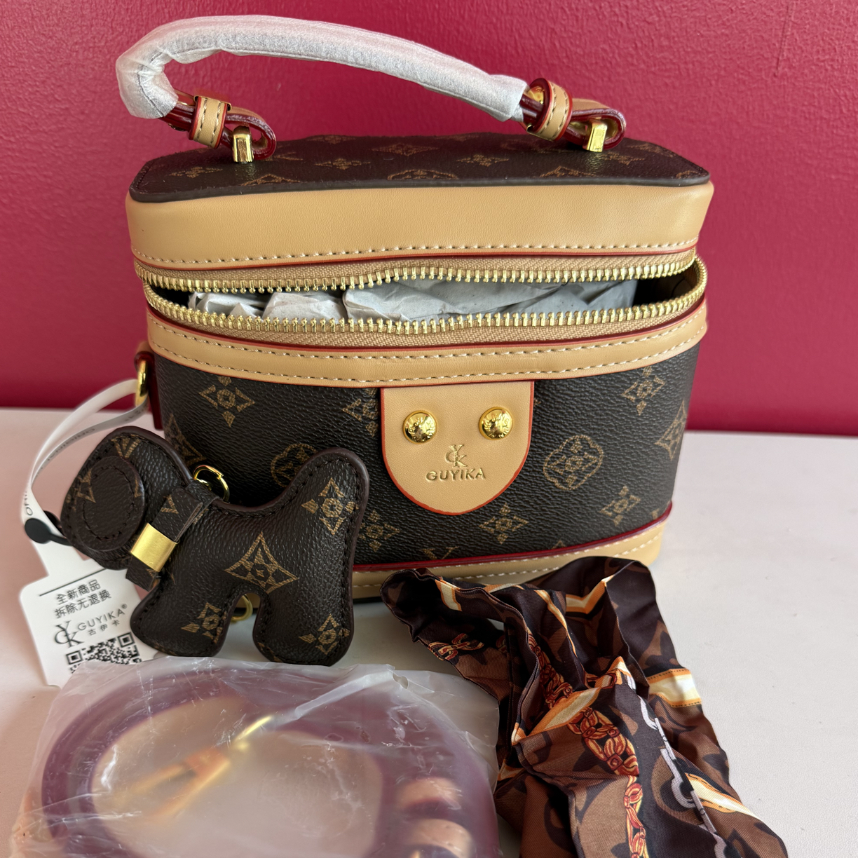 手机袋斜挎包女士经典单根卡位复古印花方盒子包包斜跨拼色老花包