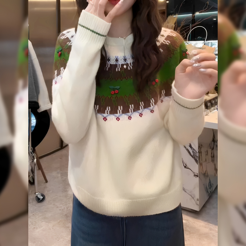 2025冬季新款设计感撞色针织衫女韩系宽松圆领休闲百搭显瘦上衣潮