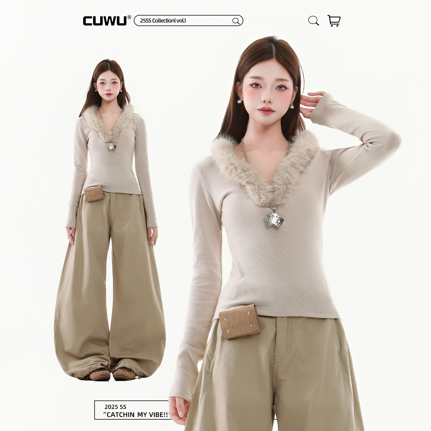 cuwu美式复古毛领拼接V领长袖T恤女款秋季气质修身纯欲风短款上衣