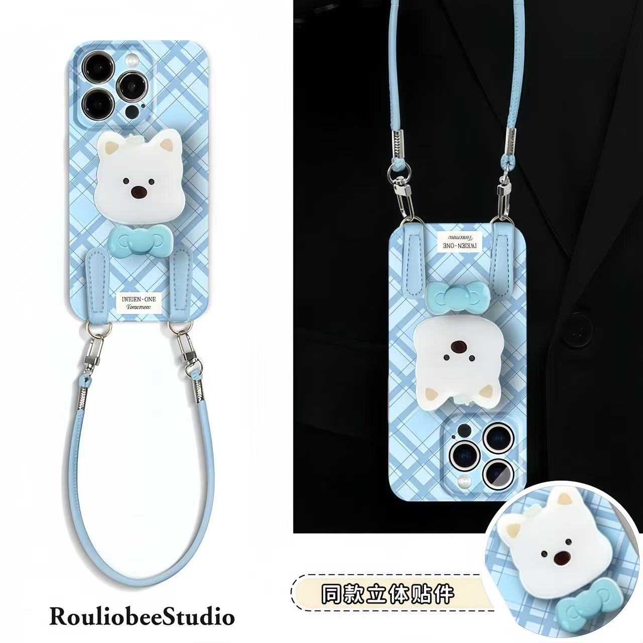 蓝格纹西高地贴件挂绳适用苹果17手机壳iPhone16华为vivo小米oppo