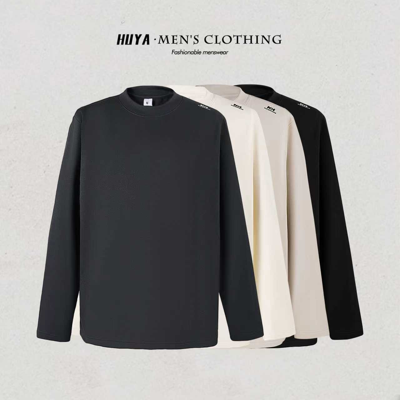 虎牙兄弟秋冬圆领上衣男极简风百搭时尚字母印花长袖T恤男款W266