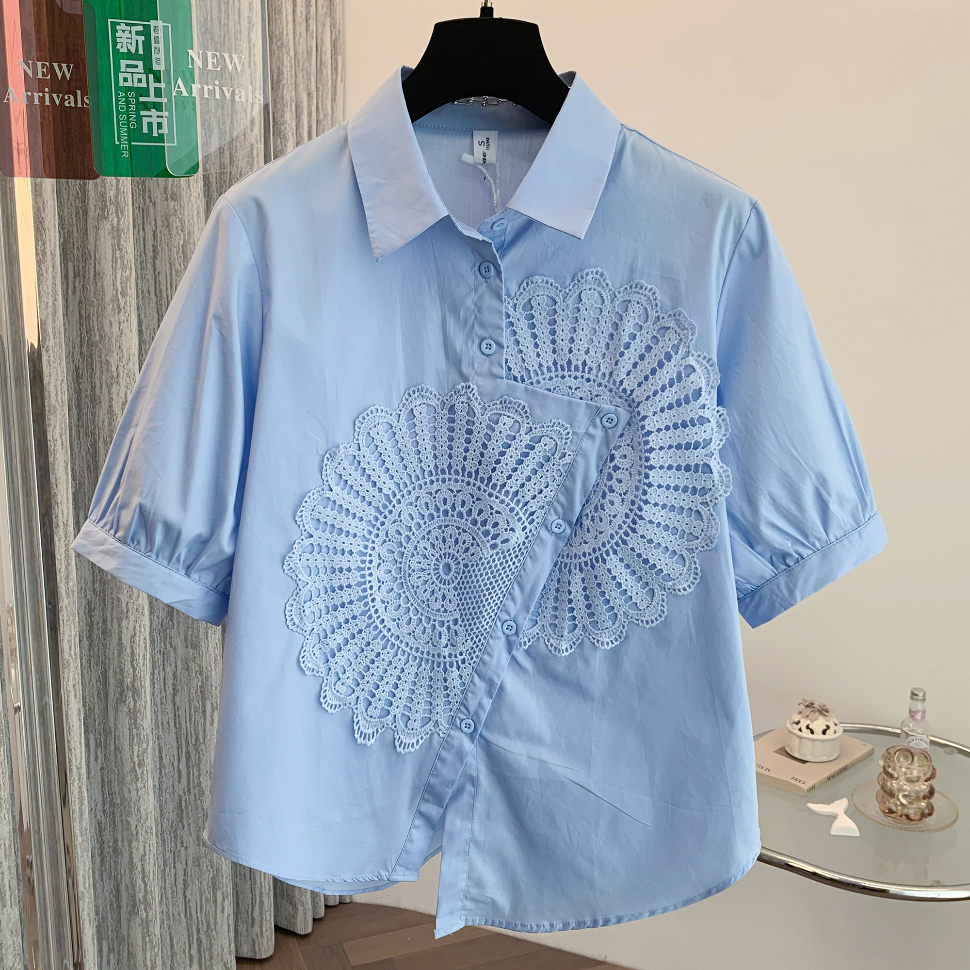 时尚设计感拼接纯色休闲衬衣新款夏季轻薄短袖通勤百搭日常宽松遮