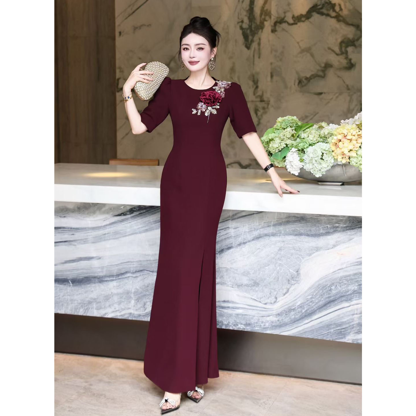 高档婚礼婚宴礼服高端裙亮片修身鱼尾长裙喜妈妈喜婆婆晚宴连衣裙