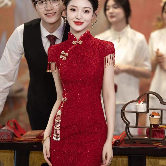 新中式订婚礼服新娘敬酒服回门旗袍酒红色连衣裙结婚衣服女夏季