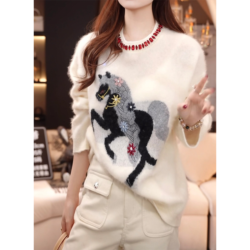 超好看重工镶钻小马刺绣针织衫女2025秋冬新款时尚气质减龄毛衣