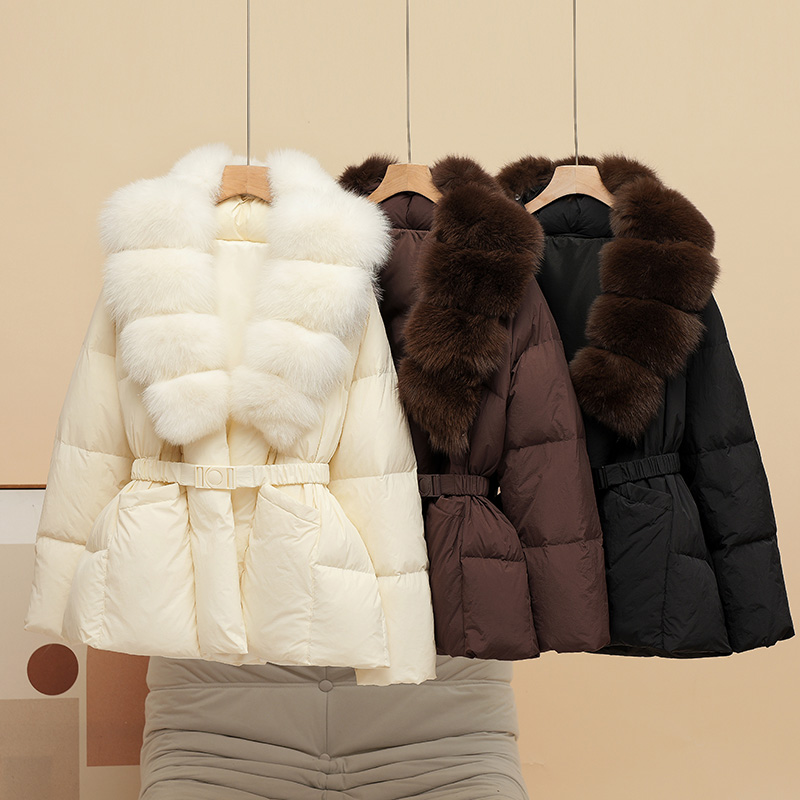 冬季新款超大狐狸毛领收腰羽绒服女中长款百搭高端皮草加厚外套潮