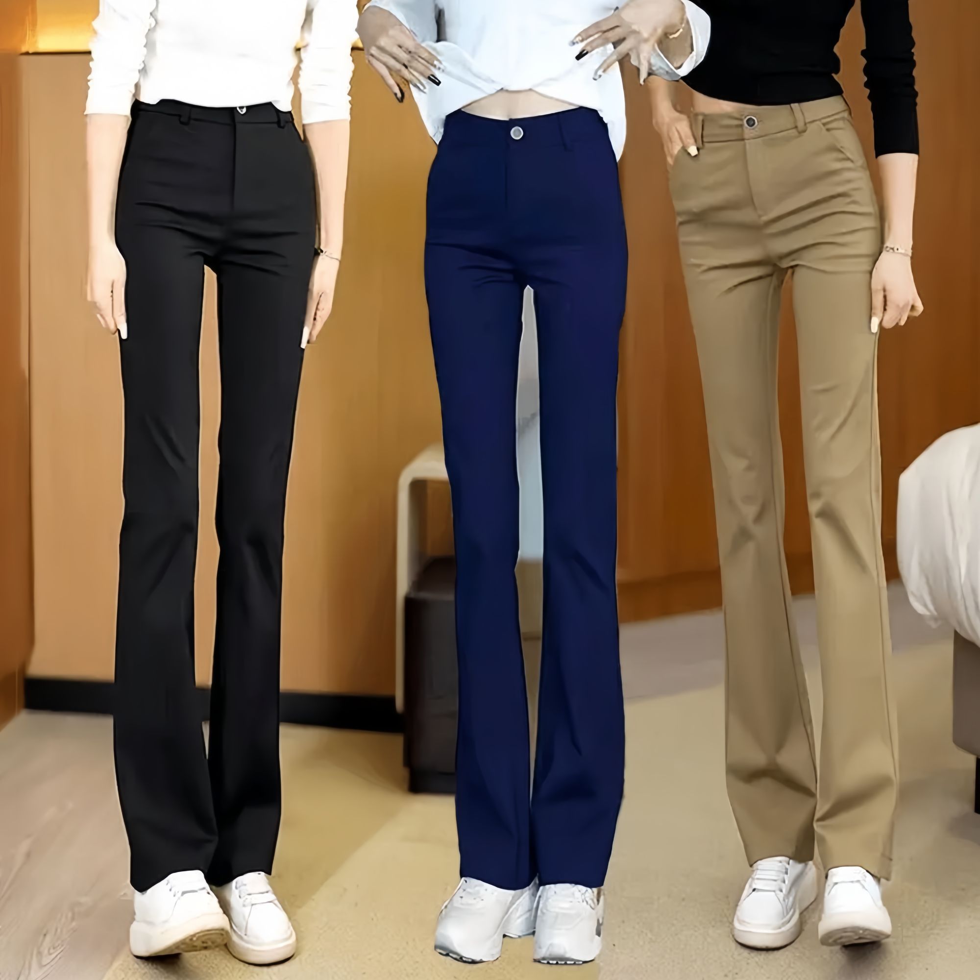 黑色弹力微喇休闲裤女春秋2025新款高腰显瘦修身通勤喇叭裤马蹄裤