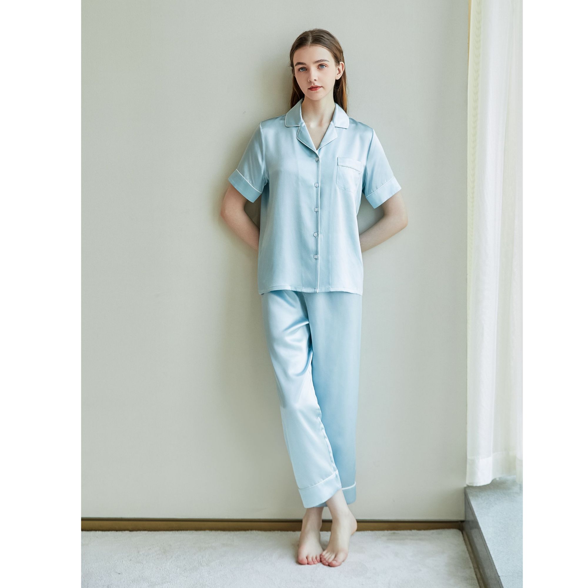 女款19姆米真丝睡衣薄款情侣款夏季短袖长裤100%桑蚕丝家居服套装