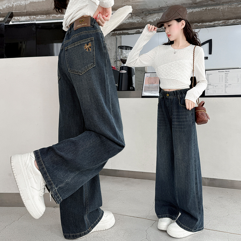 女童阔腿裤春秋韩版网红炸街宽松牛仔裤秋款女大童小学生儿童裤子