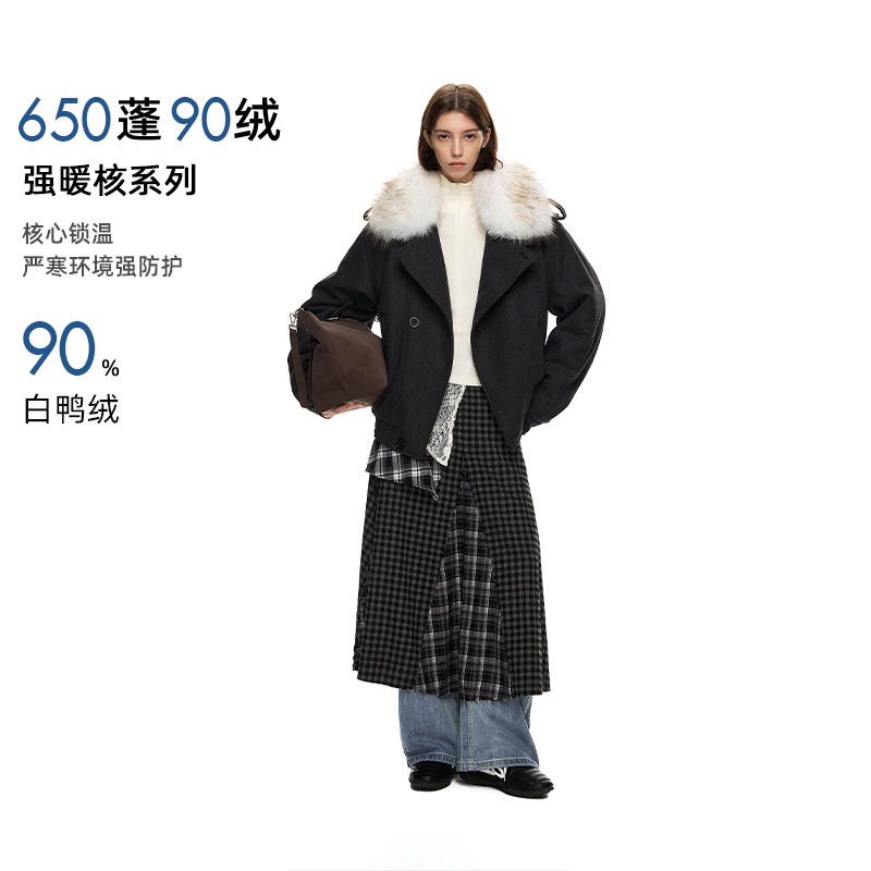 NICEBAD可拆卸毛领羊毛呢大毛领羽绒翻领外套90绒高蓬松冬