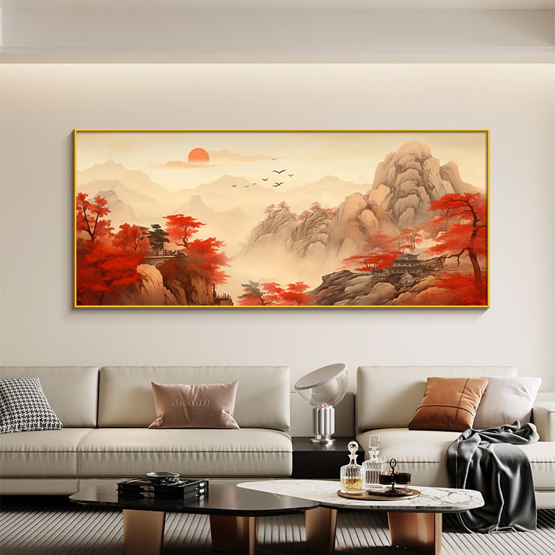 旭日东升客厅东墙沙发背景墙挂画新中式办公室鸿运当头靠山图壁画