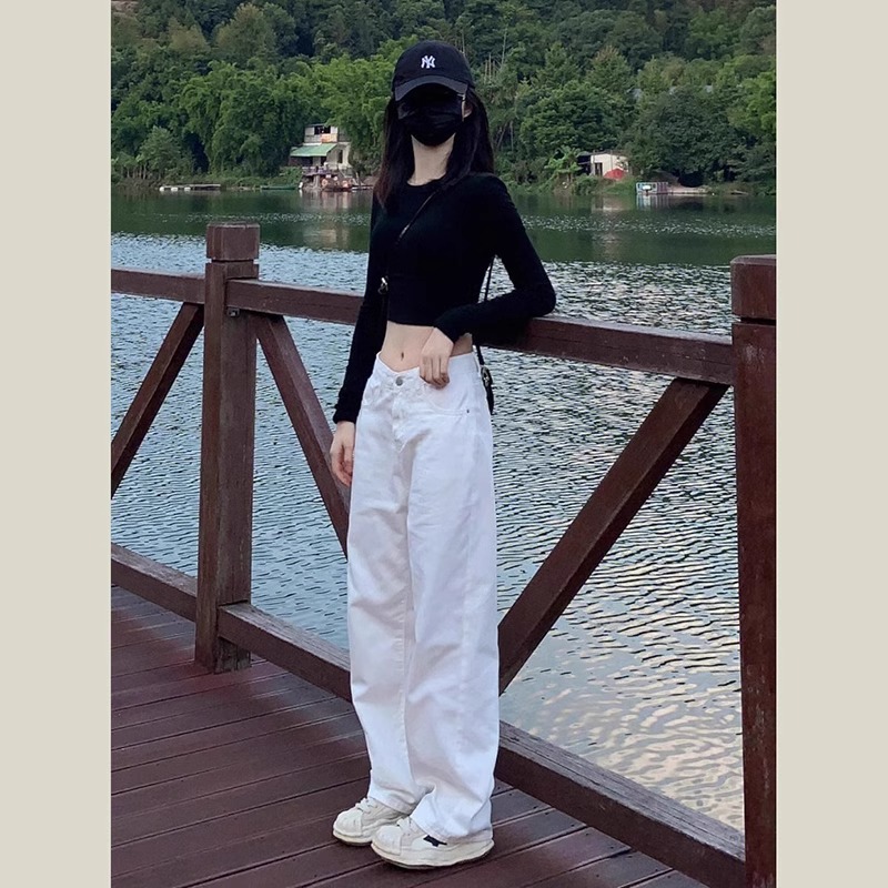 雪千羽白色韩版宽松直筒牛仔裤女阔腿裤2025年新款高腰阔腿裤春秋