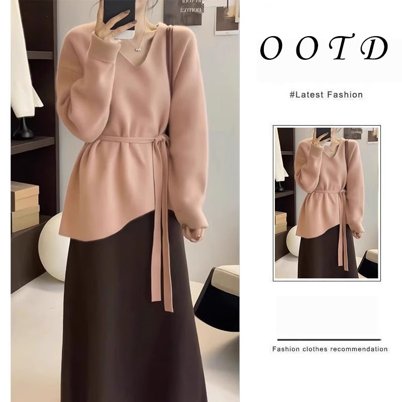 春秋搭配一整套2025新款胖mm韩版温柔系宽松针织毛衣半身裙两件套