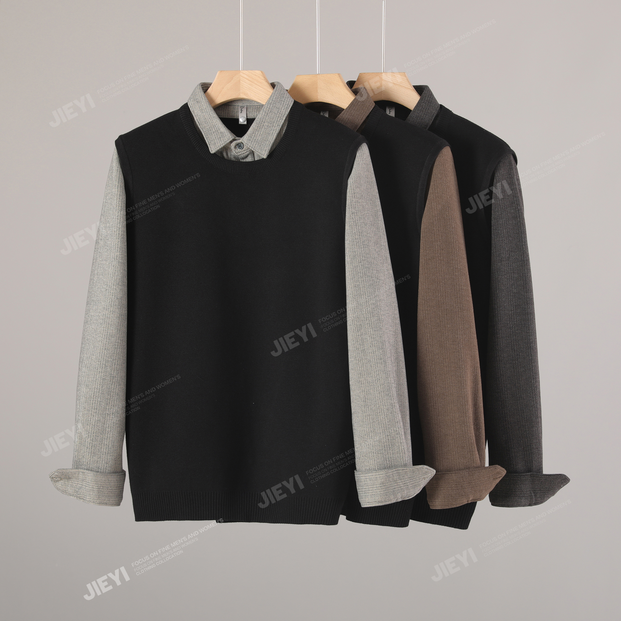 轻奢简约设计拼接假两件针织衫潮流男士修身百搭翻领内搭外穿上衣