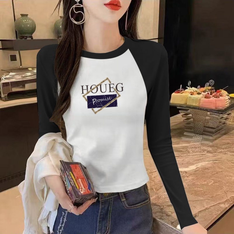 正肩长袖t恤女春秋百搭字母印花修身显瘦内搭撞色插肩打底衫上衣