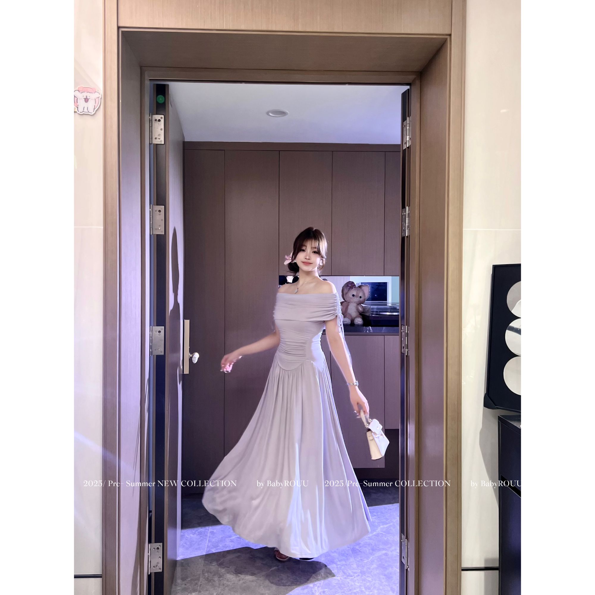 【海芋恋】温与柔A字裙长裙印花法式欧美风连衣裙气质一字肩