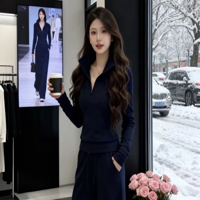 2025秋冬时尚新款休闲百搭显瘦慵懒长袖上衣抽绳长裤阔腿裤套装女