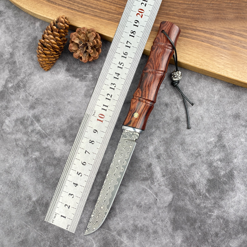 野外便携大马士革户外刀竹节小刀锻打水果刀高硬度直刀精品手柄