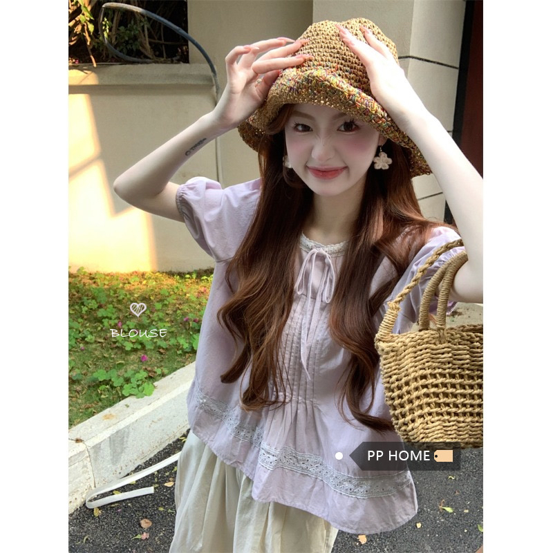 紫色蕾丝拼接泡泡袖衬衫夏季娃娃衫温柔短袖衬衫